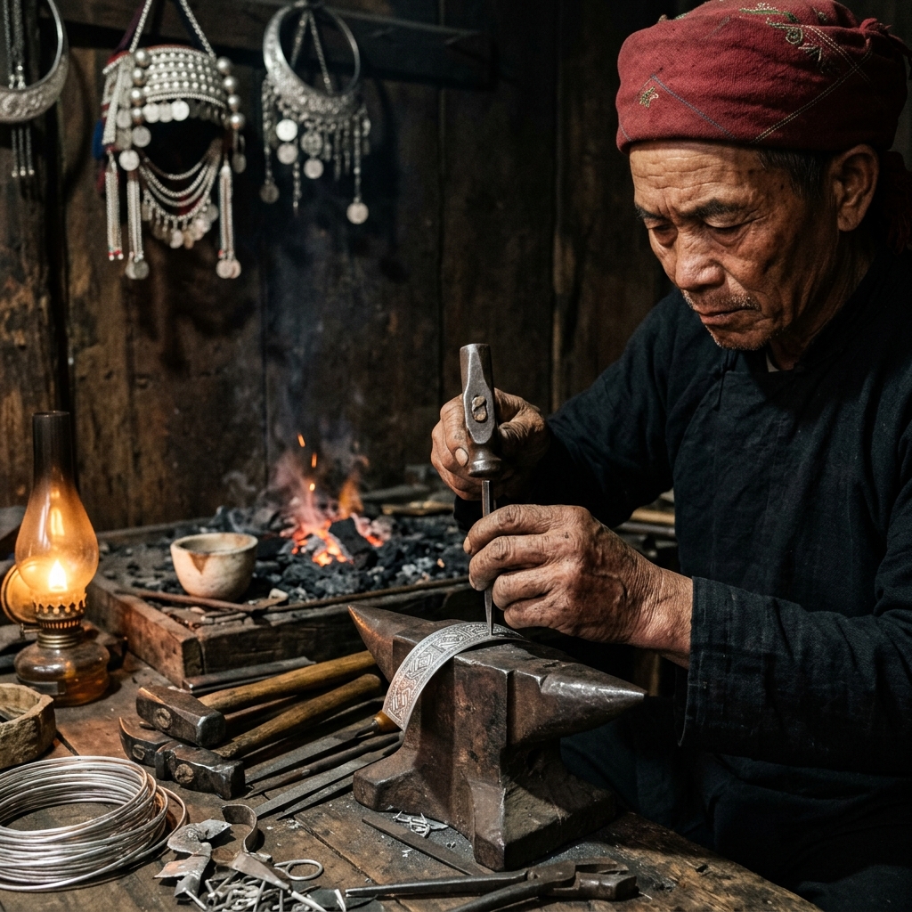 Artisan argentier dao rouge gravant un bijou en argent dans son atelier de Tả Phìn à Sapa