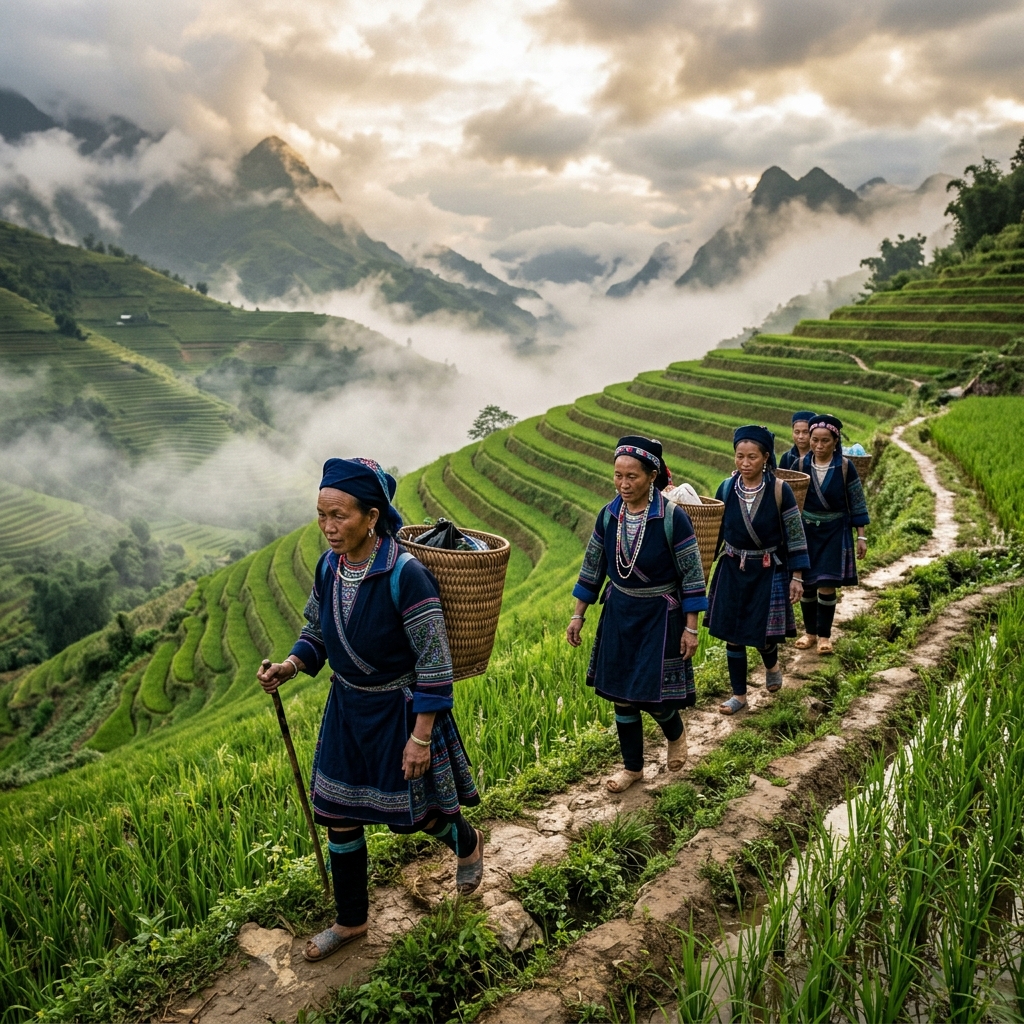 Femmes Hmong Noirs dans les rizières de Sapa