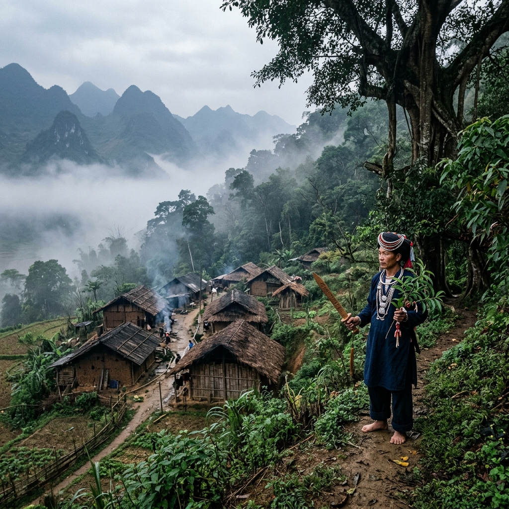 Chaman Xa Phó devant son village perché dans la forêt du Hoàng Liên Sơn